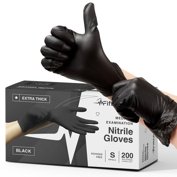 Fifthpulse Nitrile Exam Gloves, 4.5 ml Palm, Nitrile, Powder-Free, S, 200 PK, Black FP-FMN100449